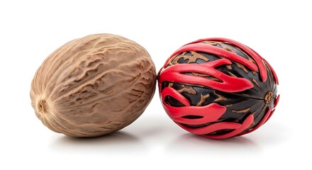 Fototapeta premium Chocolate easter egg shaped like a brown walnut ball with a rubber band and thread texture isolated on a white background close up