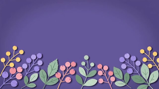 Delicate floral border with soft pastel-colored berries and leaves on a deep purple background, perfect for spring and summer designs