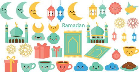 Large collection of cute kawaii Ramadan icons featuring smiling crescent moons mosques lanterns prayer mats gift boxes and coffee cups for festive Islamic holiday designs.