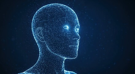 Obraz premium Digital Human in Blue: A stunning digital representation of a human face, formed from intricate blue particles, showcasing the essence of technology and the future.