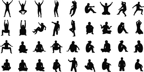 Fototapeta premium Large collection of people silhouettes in various poses including sitting standing jumping and cheering set of black human figures isolated on white background vector.