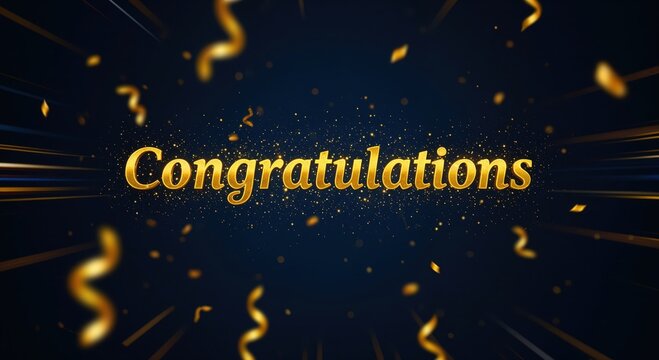 Celebratory Message with Golden Accents: A festive design features the word Congratulations in elegant golden typography, surrounded by shimmering gold confetti against a deep blue backdrop.