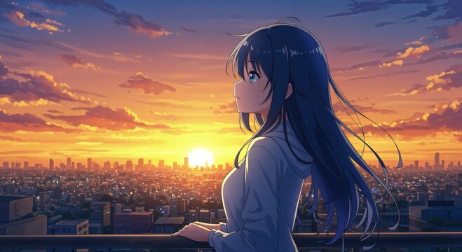 Solitude at Sunset: A solitary figure, bathed in the warm hues of a setting sun, gazes over a cityscape, evoking a sense of peaceful reflection and introspection.