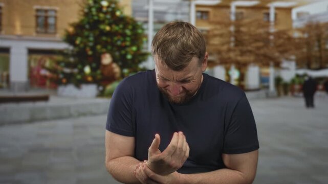 Man clutching his wrist and wincing while standing in front of a large decorated christmas tree on a busy city street; pain struggle.