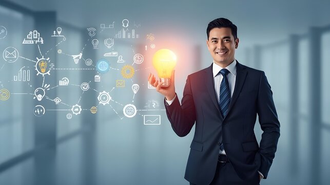 A business executive is holding a shining lightbulb, which stands for technology and innovation. Other associated icons stand for concepts, solutions, and advancement in the digital age. Crux