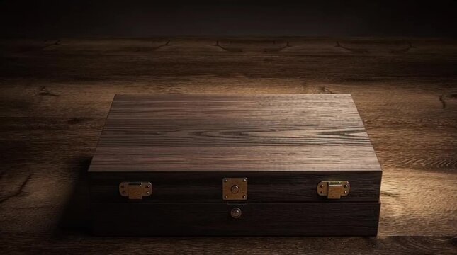 Wooden Box with Compartments Closing on a Rustic Wooden Surface