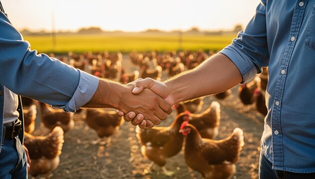 Handshake in Poultry Farm: A close-up shot of two individuals shaking hands in a poultry farm. The image signifies agreement and collaboration. Background features chicken in the farm. 