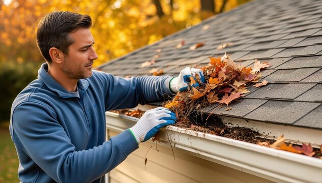 Gutter Cleaning in Autumn: A focused individual tackles the annual chore of clearing autumn leaves from a residential gutter, ensuring home upkeep.