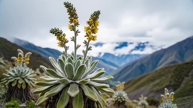 Yellow Frailejon flowers in a cloudy p&aacute;ramo mountain landscape