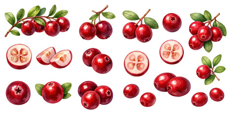 A charming watercolor collection of red cranberries with branches and cut berry pieces for botanical fruit illustrations and kitchen design. © liana