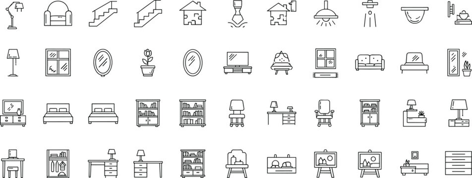 Minimalist black outline furniture icon set featuring bed, desk, lamp, sofa, and shelf symbols isolated on white background for interior design floor plan mapping.