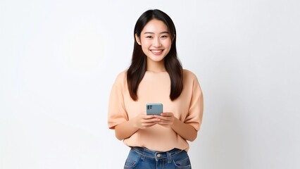 笑顔でスマートフォンを持つ若い女性のポートレート