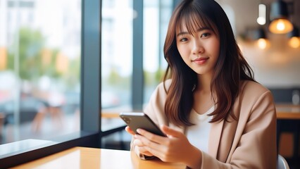 カフェでスマートフォンを使う若い女性のリラックスタイム