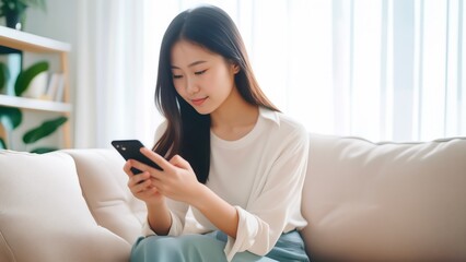 自宅のソファでスマートフォンを見る若い女性