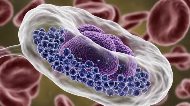 Microscopic view shows parasitic protozoa within a red blood cell.
