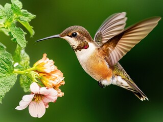 Fototapeta premium Close-up of Hummingbird Hovering Near a Colorful Flower in Garden