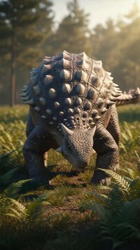 Armored dinosaur walking and grazing in a prehistoric forest, ancient life before time, jurassic era, digital render for natural history. Vertical video