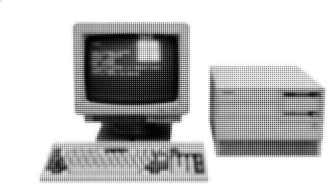 Vintage Computer Setup: A nostalgic monochrome view of a classic computer setup, with a monitor, keyboard, and tower, showcasing the evolution of technology and computing.