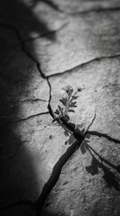 Resilient Plant Sprouting from Cracked Desert Floor in Monochrome
