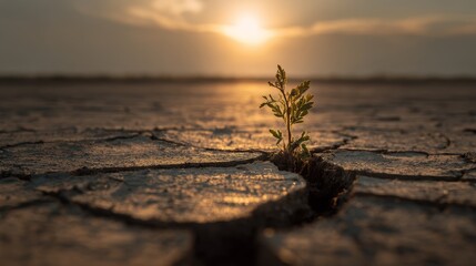 Resilient Green Sprout Emerging from Dry Cracked Earth at Sunset
