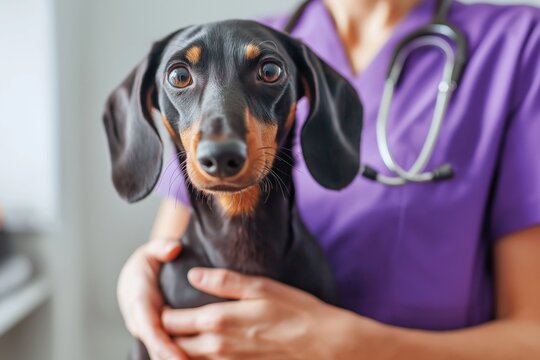 Dachshund dog looking at the camera, held by a veterinarian or nurse during a medical examination in a clinic