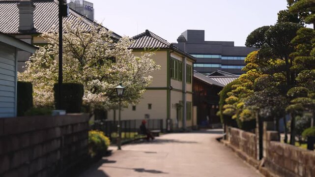 Dejima island, Former Dejima Dutch Trading Post site, Nagasaki, Japan, artificial island with wooden buildings, Dejimamachi, spring sunny day, Nagasaki prefecture, Kyushu island region, Deshima