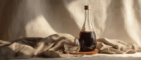 Elegant Still Life of Umeshu Bottle and Glass on Neutral Background