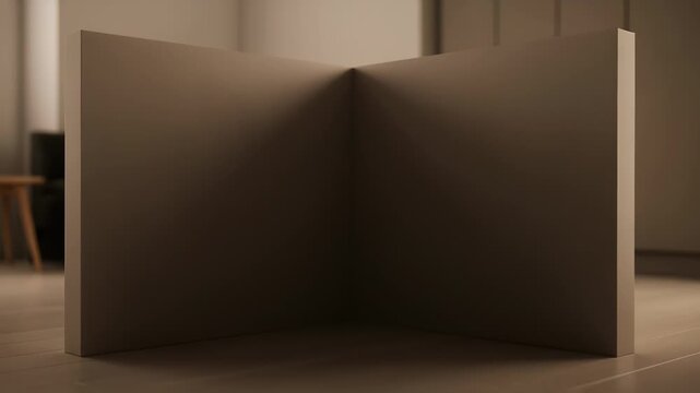 Minimalist abstract sculpture of folded panels forming a V shape in neutral tones.