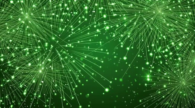 Bright green background with luminous lines and abstract particles, festive concept of St. Patrick's Day, energy, light, Irish celebration, dynamic digital background, decorative radial pattern