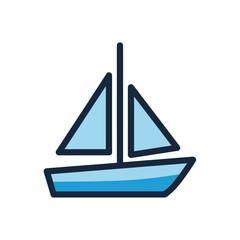 A blue sailboat with two triangular sails is depicted against a white background.