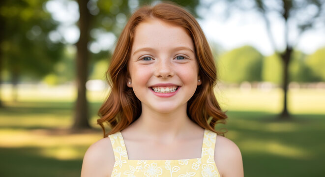 Adorable youthful redhead female child with cheerful facial expression and ginger hair, charming digital portrait of a happy adolescent in bright lighting, generated by artificial intelligence.