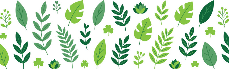 Fototapeta premium Green Leaves Seamless Horizontal Border Pattern with Various Stylized Foliage