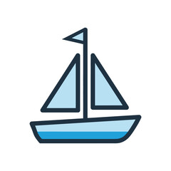 A simple illustration of a blue sailboat with two sails against a white background.