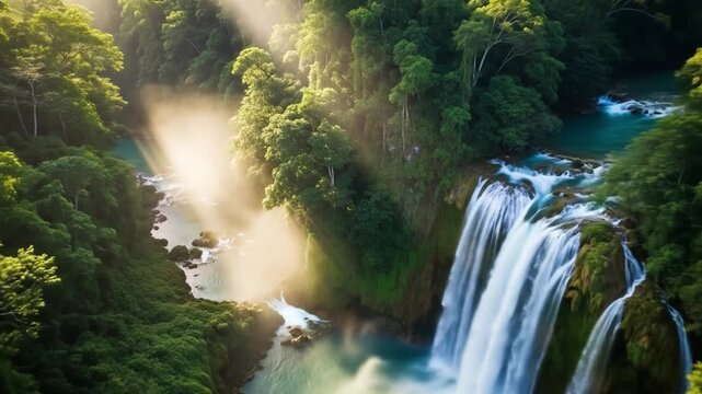 Aerial view of a serene waterfall cascading through a lush green forest with sunlight filtering through the trees. Perfect for travel brochures, nature documentaries, and environmental