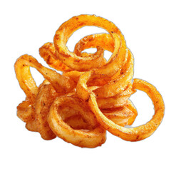 Fototapeta premium Crispy Golden Seasoned Curly Fries Pile, Delicious Fast Food Snack Appetizer Isolated on Transparent Background (PNG, Alpha Channel, Cutout)