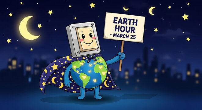 Cartoon Earth with a monitor head and cape stands before a night city skyline, sign reads &ldquo;EARTH HOUR - MARCH 25,&rdquo; set under a crescent moon and stars, 8k image