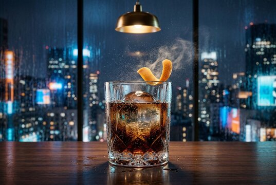 A chilled crystal tumbler filled with dark sparkling liquid and a large clear ice sphere captures a citrus twist releasing aromatic mist in a cinematic nighttime penthouse setting