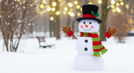 Obraz premium Festive Christmas decoration featuring a cute cheerful snowman standing in white snow at a winter park with beautiful glowing bokeh lighting effect and frosty holiday seasonal atmosphere.