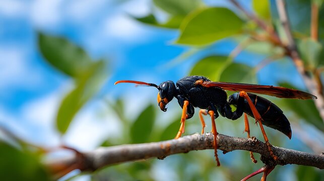 A large black and orange wasp perched on a tree branch with green leaves and a blue sky background.