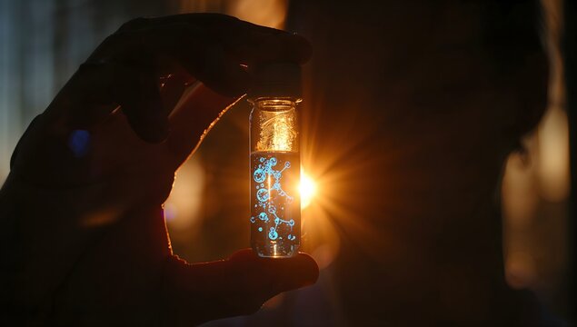 Hand holding medical vial with glowing blue molecular structure