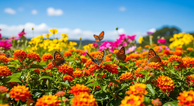 Vibrant orange Lantana camara blossoms blooming in a lush summer garden landscape under bright sunlight, creating a beautiful natural floral border during a scenic spring season day.