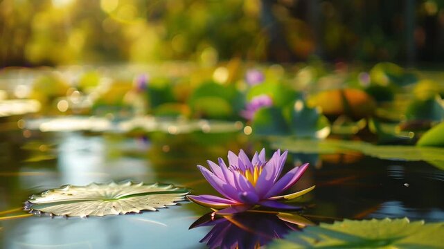 Purple water lily blooms on a calm pond with green lily pads