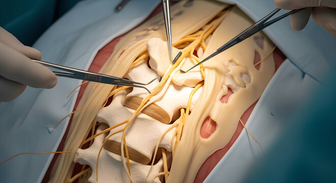 Spinal surgery shows nerves and vertebrae with surgical tools