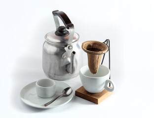 Traditional Brazilian coffee set on white background