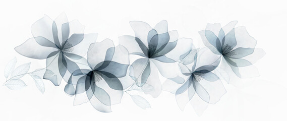 Fototapeta premium Botanical art background with blue transparent flowers and leaves in a watercolor style. Floral banner for decor, prints, wallpaper, textiles, packaging, posters, and interior design.