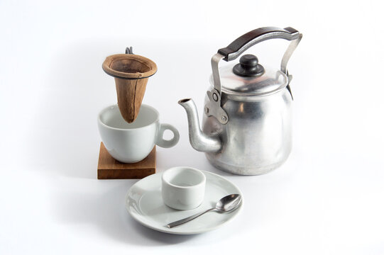 Traditional Brazilian coffee set on white background