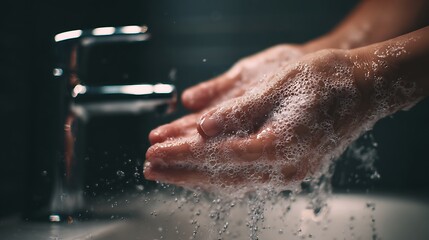 Fototapeta premium A person washing their hands with soap and water in a dark bathroom