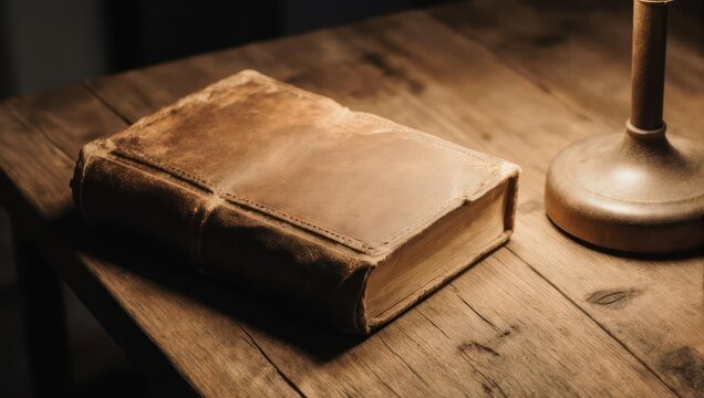 Aged leather-bound book on wooden table, lit by lamp