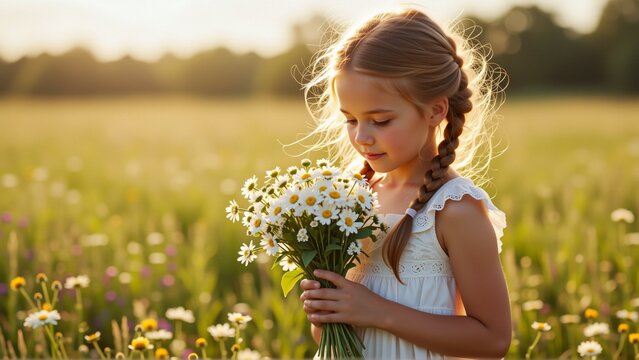 young girl standing field wildflowers she wearing white dress has long blonde hair styled two braids girl holding bunch white daisies her hands looking down peaceful expression her face background