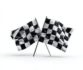 Fototapeta premium Two checkered flags crossed on poles against a white background